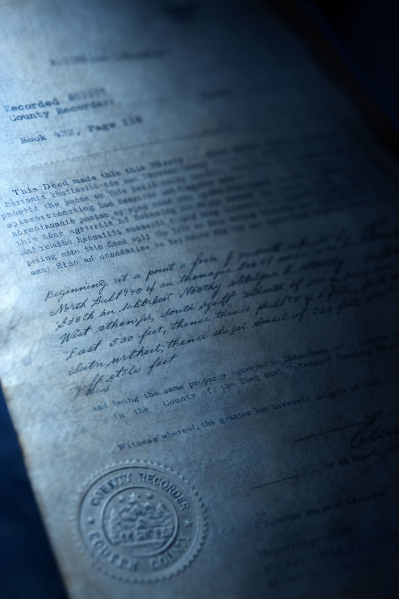 Close-up of a recorded deed with a handwritten legal description and county seal